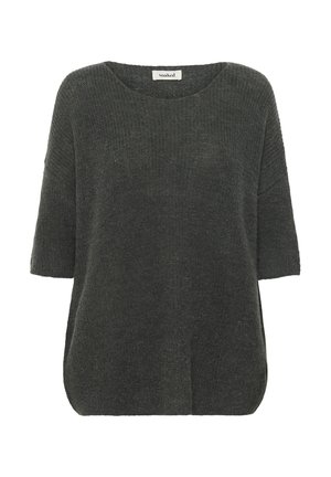 Suéter de punto gris oscuro con un escote amplio, mangas cortas y un ajuste relajado. La tela tiene un acabado Texturizado y pequeñas aberturas laterales.