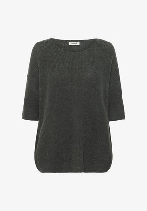 Suéter de punto gris oscuro con un escote amplio, mangas cortas y un ajuste relajado. La tela tiene un acabado Texturizado y pequeñas aberturas laterales.