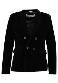 Černý sametový dvouřadý blazer s širokými klopami, dvěma předními kapsami a černými knoflíkovými detaily. Hladká textura a dobře padnoucí střih.