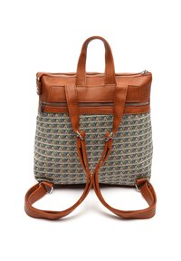 Brown leather and patterned textile backpack with two top handles, adjustable straps, zippered pockets, and geometric design in blue and beige.
