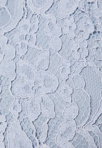 Světle modrá krajková tkanina s květinovými vzory, složitými vyšívanými detaily a texturovaným povrchem s hexagonálními síťovými designy.