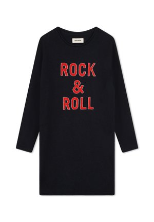 Robe noire à manches longues avec l'inscription "ROCK & ROLL" en texte rouge brodé en caractère gras. Tissu doux avec une coupe décontractée et un col rond.