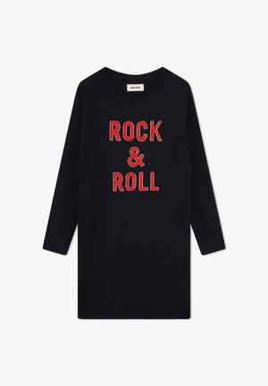 Robe noire à manches longues avec l'inscription "ROCK & ROLL" en texte rouge brodé en caractère gras. Tissu doux avec une coupe décontractée et un col rond.