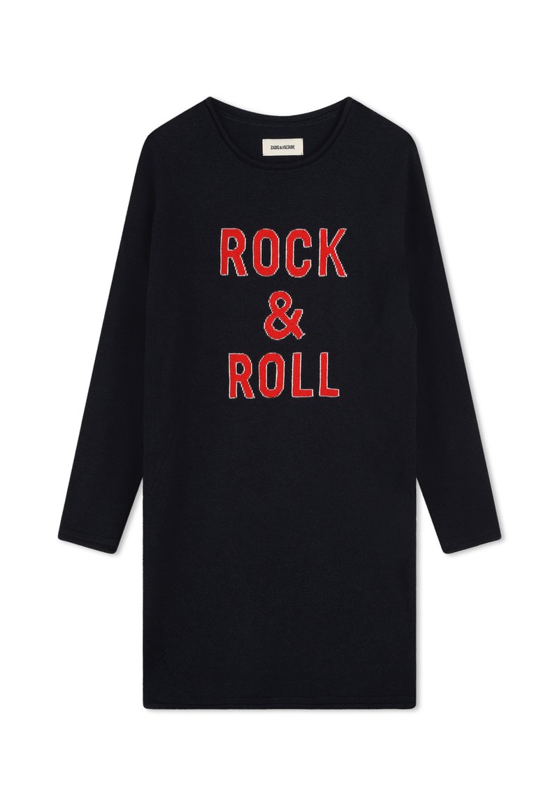 Robe noire à manches longues avec l'inscription "ROCK & ROLL" en texte rouge brodé en caractère gras. Tissu doux avec une coupe décontractée et un col rond.