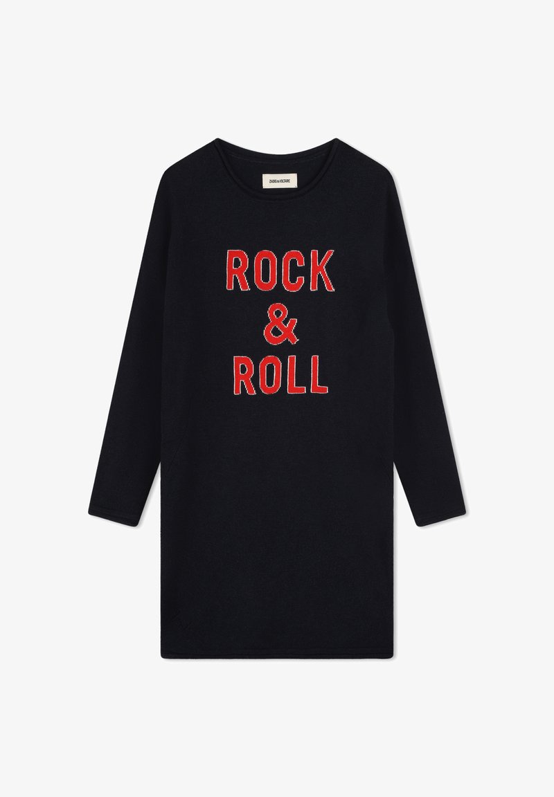 Robe noire à manches longues avec l'inscription "ROCK & ROLL" en texte rouge brodé en caractère gras. Tissu doux avec une coupe décontractée et un col rond.