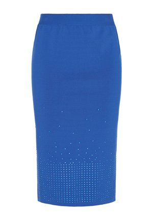 Sininen kynähame, joka on valmistettu joustavasta kankaasta. Hameessa on gradientsuunnittelu ja vaihteleva kokoisia kiiltäviä sinisiä niittejä helmassa.