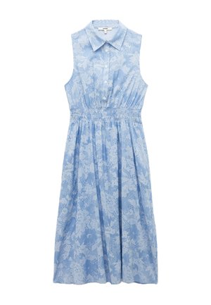 Mouwloze blauwe jurk met een kraag, voorzien van een bloemenkantpatroon, een geplooide taille en een knopenpad voor. Lichte, gestructureerde stof.