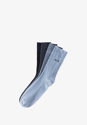 Drei Paar Socken in dunkelgrau, marineblau und hellblau. Stricktextur mit gerippten Bündchen. Die hellblaue Socke trägt das "H.I.S" Logo.