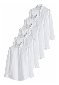 Weiße Langarmhemd aus festem Stoff, vertikal angeordnet, mit Button-Down-Kragen und glatten Manschetten.