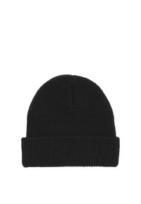 Black knitted beanie with a ribbed texture, featuring a folded cuff and a rounded top. Simple design without additional embellishments.