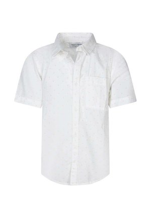 Chemise blanche à manches courtes avec boutonnière et petit motif de points clairs, dotée d'une seule poche poitrine.