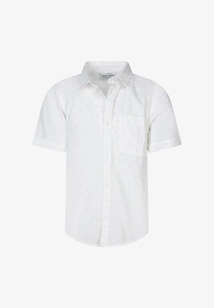 Chemise blanche à manches courtes avec boutonnière et petit motif de points clairs, dotée d'une seule poche poitrine.