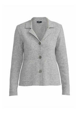 Graue, taillierte Blazer aus weichem Stoff mit schmalem Revers, drei Knöpfen und aufgesetzten Taschen vorne. Schlichte Textur ohne Muster.