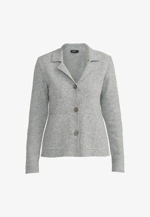 Graue, taillierte Blazer aus weichem Stoff mit schmalem Revers, drei Knöpfen und aufgesetzten Taschen vorne. Schlichte Textur ohne Muster.