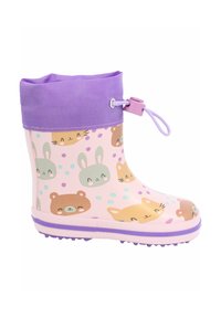 Botte de pluie en caoutchouc rose avec un revers violet, ornée d'un motif animal ludique (ours, lapins, chats) et de pois colorés. Fermeture à toggle réglable.