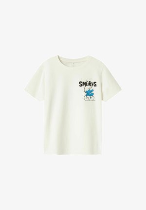 Weißes Baumwoll-T-Shirt mit einem bedruckten blauen Schlümpfe-Motiv und schwarzem "DIE SCHLÜMPFE"-Text auf der Vorderseite, kurzen Ärmeln und Rundhalsausschnitt.