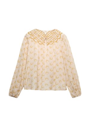 Kremowa bluzka z długim rękawem, ozdobiona złotym haftem w kształcie półksiężyców oraz szerokim geometrycznym haftowanym kołnierzem z wiązaniem z przodu.