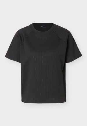 T-shirt noir à manches courtes en tissu gaufré avec un col rond et une coupe décontractée, présenté sur un fond blanc.