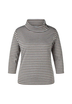 Long-sleeve top with geometric triangle pattern in brown, cream, and gray, featuring a loose turtleneck and a zipper detail on the collar.