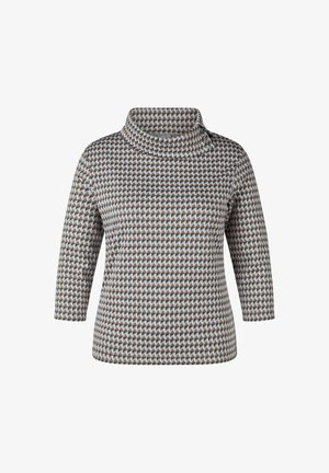 Long-sleeve top with geometric triangle pattern in brown, cream, and gray, featuring a loose turtleneck and a zipper detail on the collar.