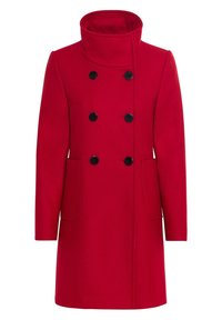 Cappotto rosso di lana con colletto alto, chiusura doppiopetto e sei bottoni neri; presenta due tasche laterali e un design a taglio dritto.
