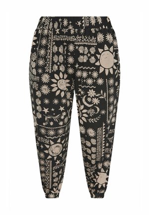 Schwarze Hose mit elastischem Bund und Bündchen, versehen mit einem beigen, himmlischen Druck aus Sonnen, Sternen, Monden und Blumenmustern.