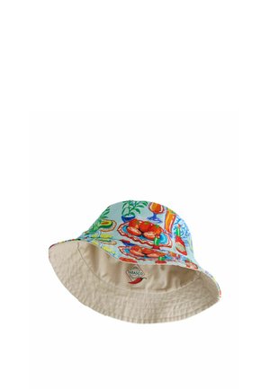 Klobouk typu bucket s barevnými ilustracemi jídla a pití, včetně rajčat, lahví a sklenic, s logem Tabasco uvnitř.