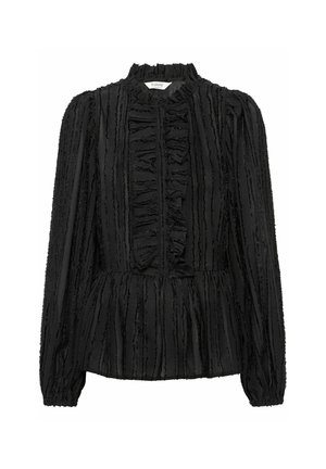 Bluză neagră cu mâneci lungi, având dungi texturate verticale, detalii pliate, guler înalt și siluetă peplum.
