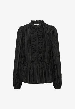 Melna blūze ar garām piedurknēm, ar vertikālām tekstūrētām svītrām, savilktiem akcentiem, augstu apkakli un pepluma siluetu.