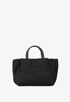 Sac fourre-tout en tissu texturé noir avec deux poignées courtes en cuir brillant, taille moyenne, avec des détails doux et froncés.