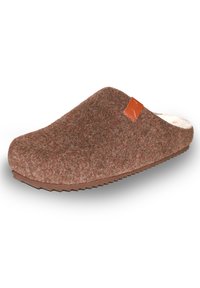 Hnědá plstěná šlapka s měkkým, texturovaným vrškem, polstrovaným interiérem a gumovou podrážkou s cikcak vzorem; obsahuje kontrastní kožený akcent.