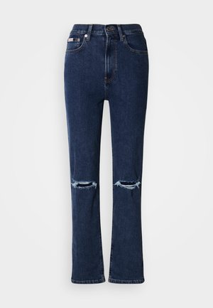 Mørkeblå denimjeans med høj talje, der har to slidte revner ved knæene, lige ben og subtile syningsdetaljer.
