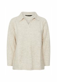 Hellbeige Pullover mit Kragen, V-Ausschnitt und weichem, strukturiertem Strick. Lange Ärmel und lockere Passform.