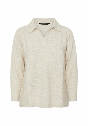 Licht beige pullover met een kraag, voorzien van een v-hals en een zachte, gestructureerde brei. Lange mouwen en een relaxte pasvorm.