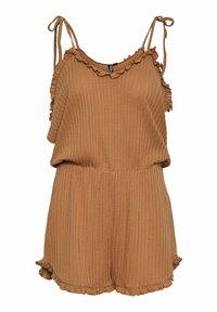 Jumpsuit marrón con canalé y tirantes ajustables, con detalles rizados en el escote y el dobladillo, que presenta una cintura elástica para un buen ajuste.