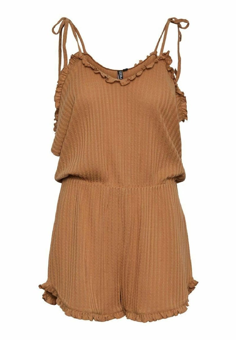 Jumpsuit marrón con canalé y tirantes ajustables, con detalles rizados en el escote y el dobladillo, que presenta una cintura elástica para un buen ajuste.