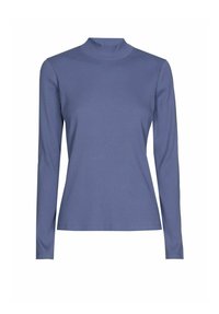 Chemise à manches longues en tissu côtelé bleu doux, avec un col montant et une silhouette ajustée. Design simple sans ornements supplémentaires.