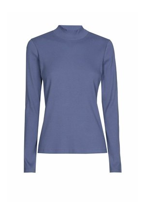 Langarmshirt van zachte blauw geribde stof, met een hoge col en een aangesloten pasvorm. Simpel ontwerp zonder extra versieringen.