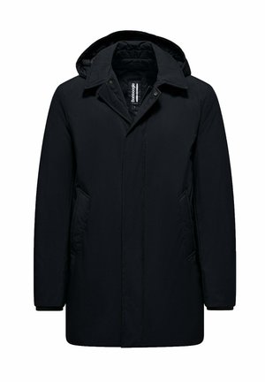 Black mid-length winter coat with hood, two side pockets, and a buttoned collar, displayed on a white background.