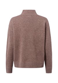 Brown knit sweater with a high neck, relaxed fit, dropped shoulders, and ribbed cuffs. Soft texture with subtle variations in color.