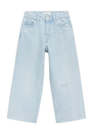 Blugi evazați de culoare bleu deschis, fabricați din denim, cu o spălare estompată, uzură pe partea din față și un design standard cu cinci buzunare.