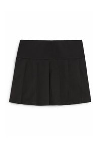 Mini-jupe plissée noire avec une large ceinture, une texture lisse et un ourlet droit.