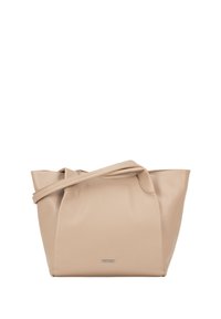 Beige leren tote bag met een zachte textuur, afgeronde vorm, dubbele handgrepen en een subtiele logo-detail aan de voorkant.