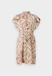 Abito a collo, con maniche corte, con un motivo marrone e beige, cintura aderente e una vestibilità morbida. Presenta un design avvolgente e una texture di tessuto liscia.
