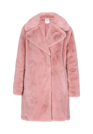 Rosa Kunstpelzjacke mit schmalem Kragen, offener Vorderseite und langen Ärmeln. Der Stoff hat eine weiche, plüschige Textur mit einer glatten Innenauskleidung.