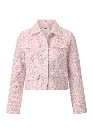 Gekürzte rosa Tweedjacke mit langen Ärmeln, Knopfleiste vorne, spitzem Kragen und zwei aufgesetzten Brusttaschen.