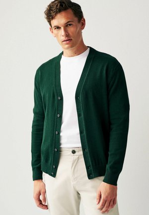 Mężczyzna w ciemnozielonym swetrze na guziki, białej koszuli i beżowych spodniach, stojący na tle jednolitego jasnego tła.