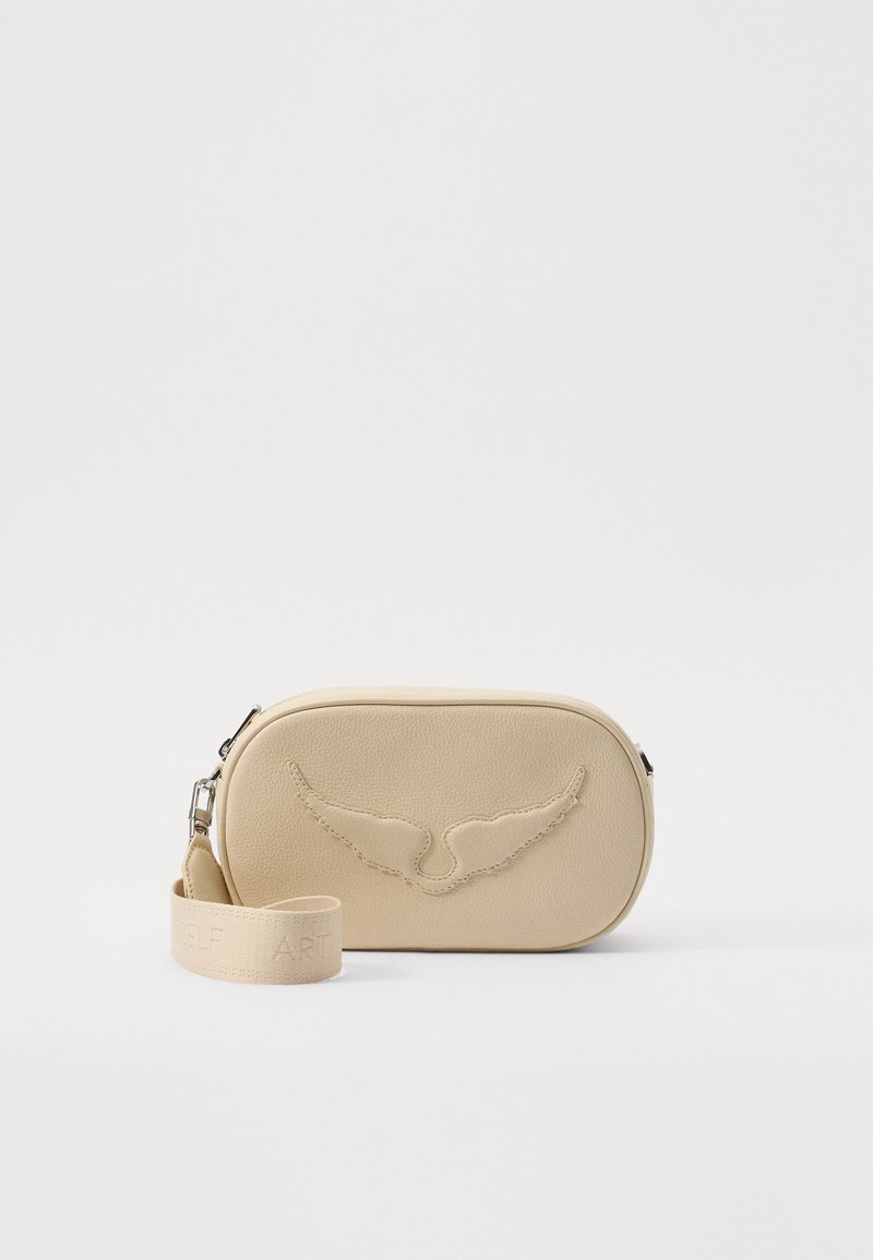 Beige textured leather crossbody bag with an embossed wing design. Features a zip closure and a detachable strap with debossed lettering.