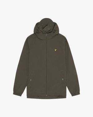 Olive green jacket with a hood and front zipper. Features two side pockets and a small yellow logo on the chest. Smooth fabric texture.