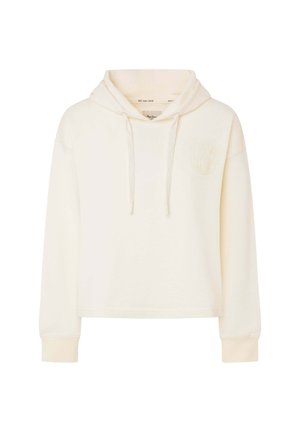 Kremna skrajšana kapuca izdelana iz mehke tkanine z veliko kapuco, vrvicami in subtilnim vezenim logotipom na levi prsni strani.